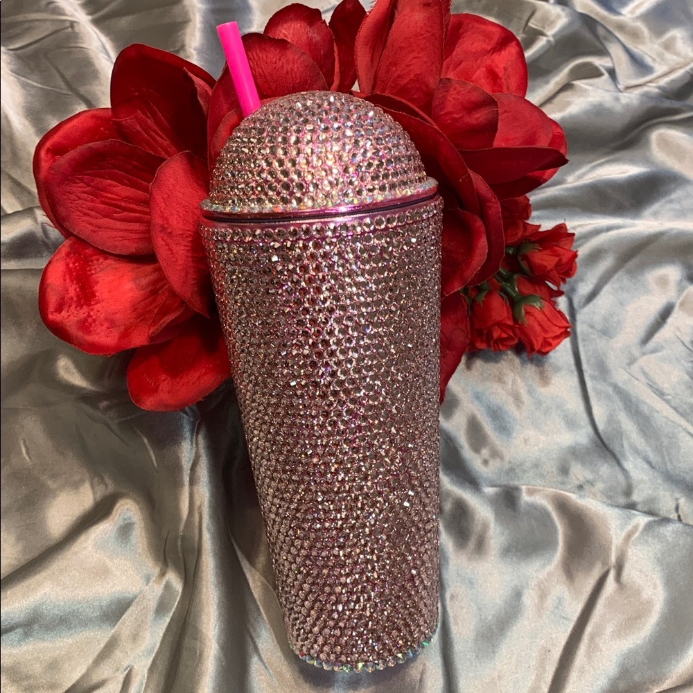 🌹BLING CUP Pink Crystal Rhinestone Tumbler Cup with Straw - Excellent Condition